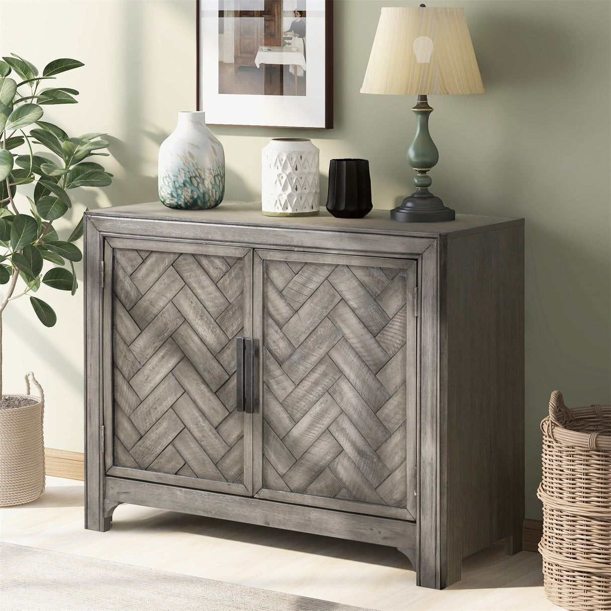 Merax 40" Modern Console Table with Herringbone Pattern Doors