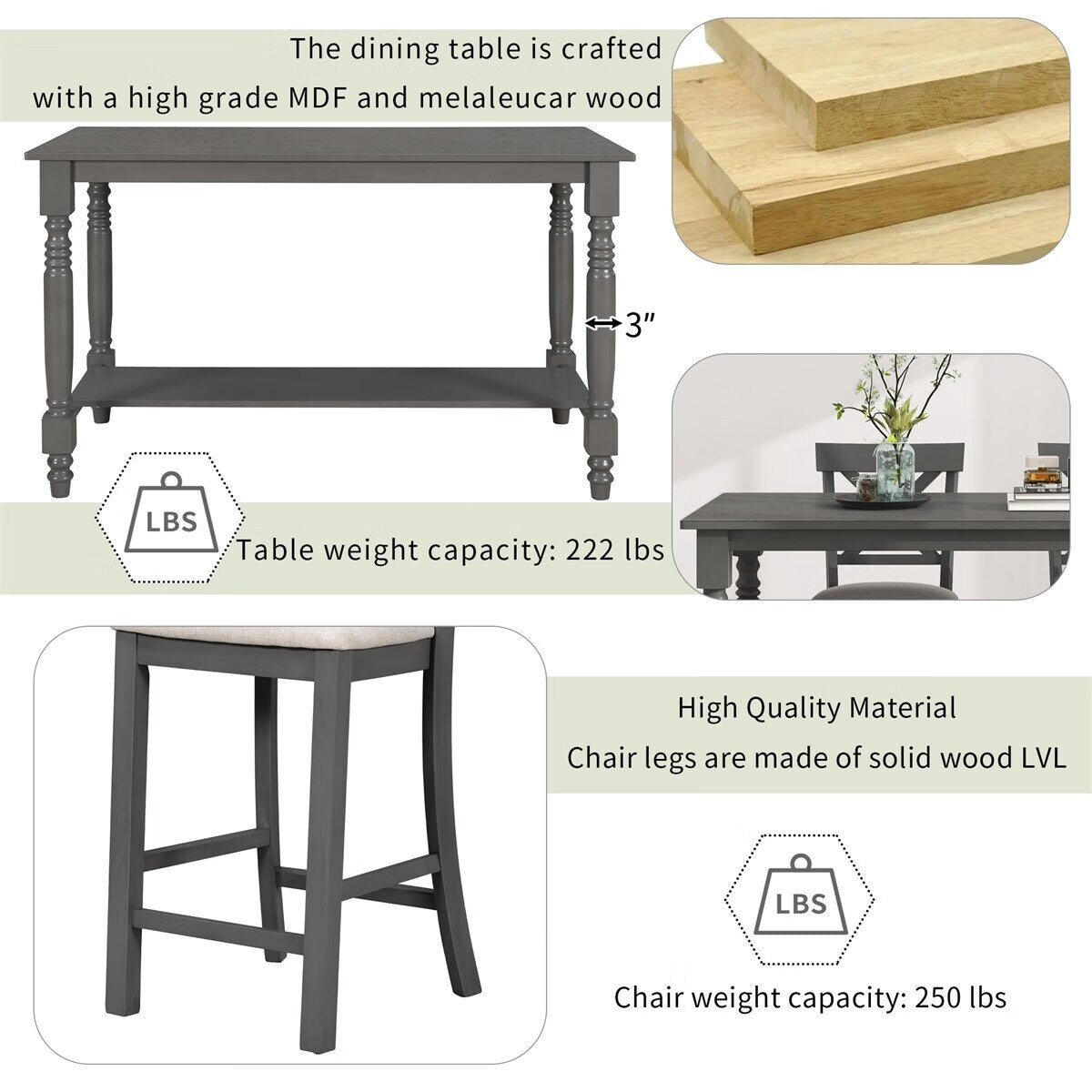 Merax 6-Piece Counter Height Dining Set with Shelf, Upholstered Seat