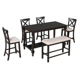 Merax 6-Piece Counter Height Dining Set with Shelf, Upholstered Seat