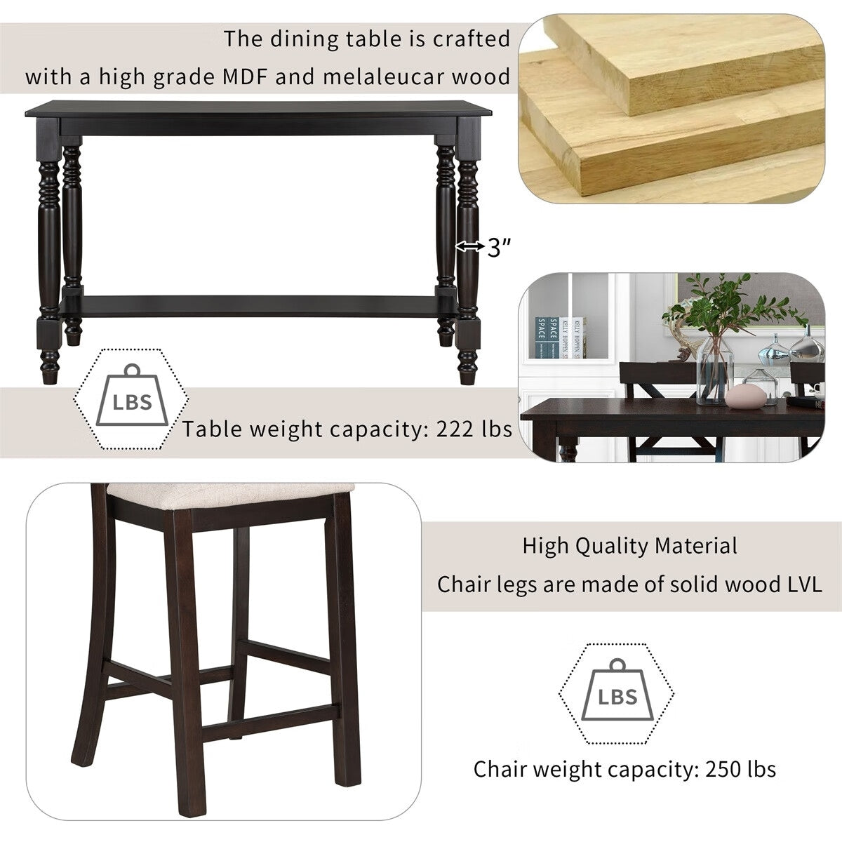 Merax 6-Piece Counter Height Dining Set with Shelf, Upholstered Seat