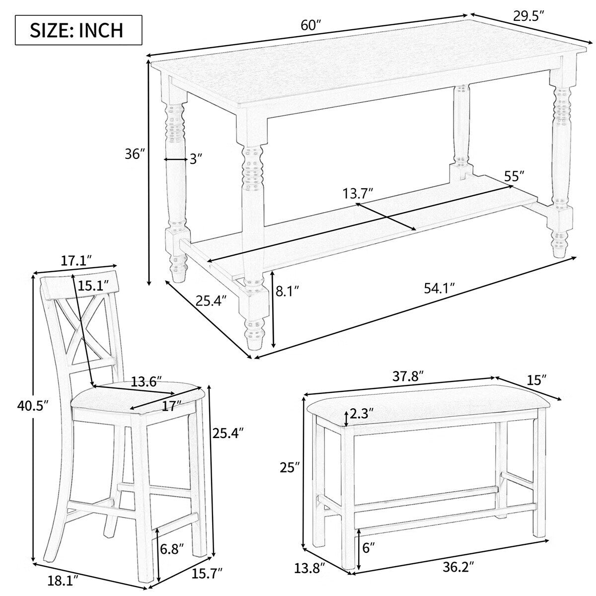 Merax 6-Piece Counter Height Dining Set with Shelf, Upholstered Seat