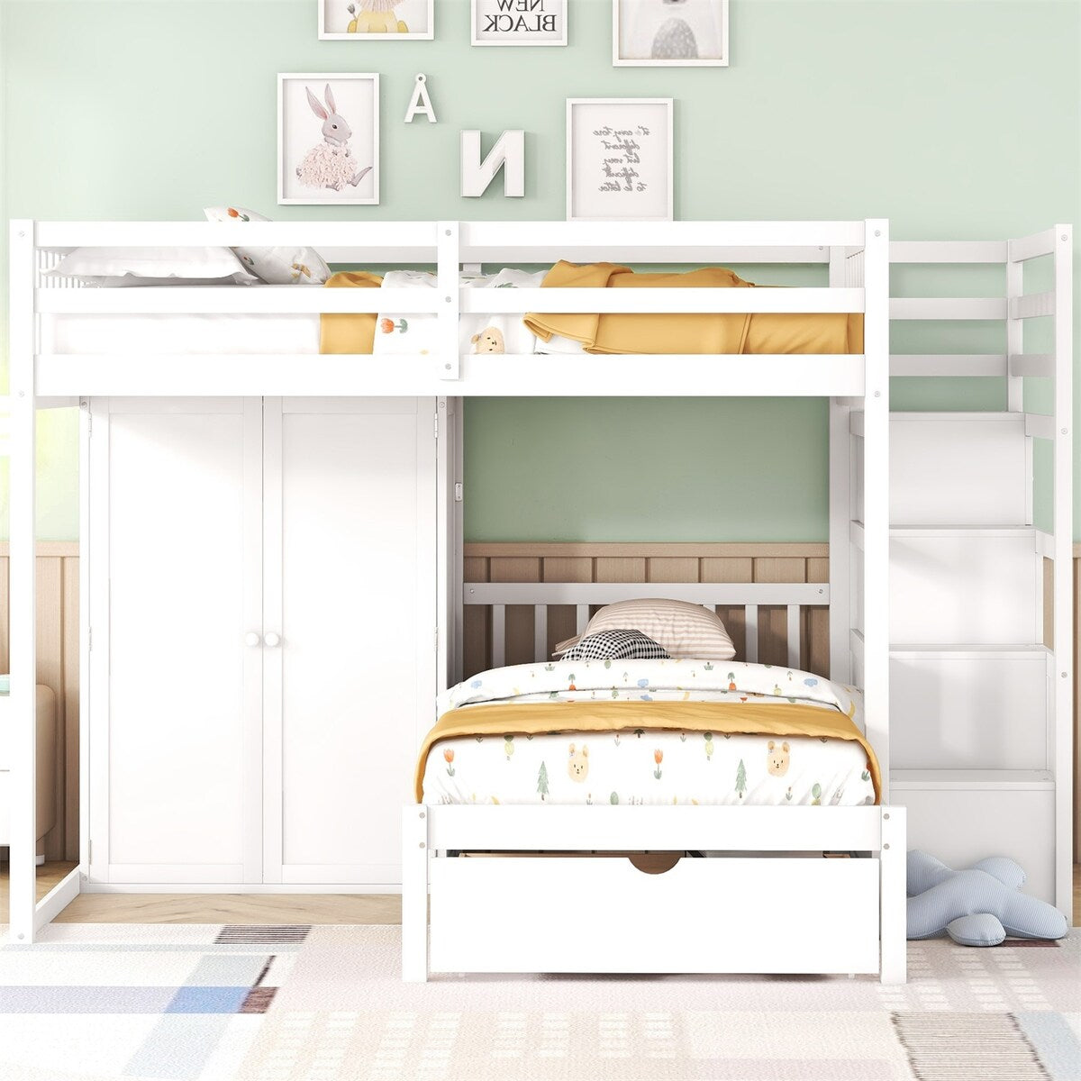 Merax Full Over Twin Bunk Bed with Wardrobe, Drawers