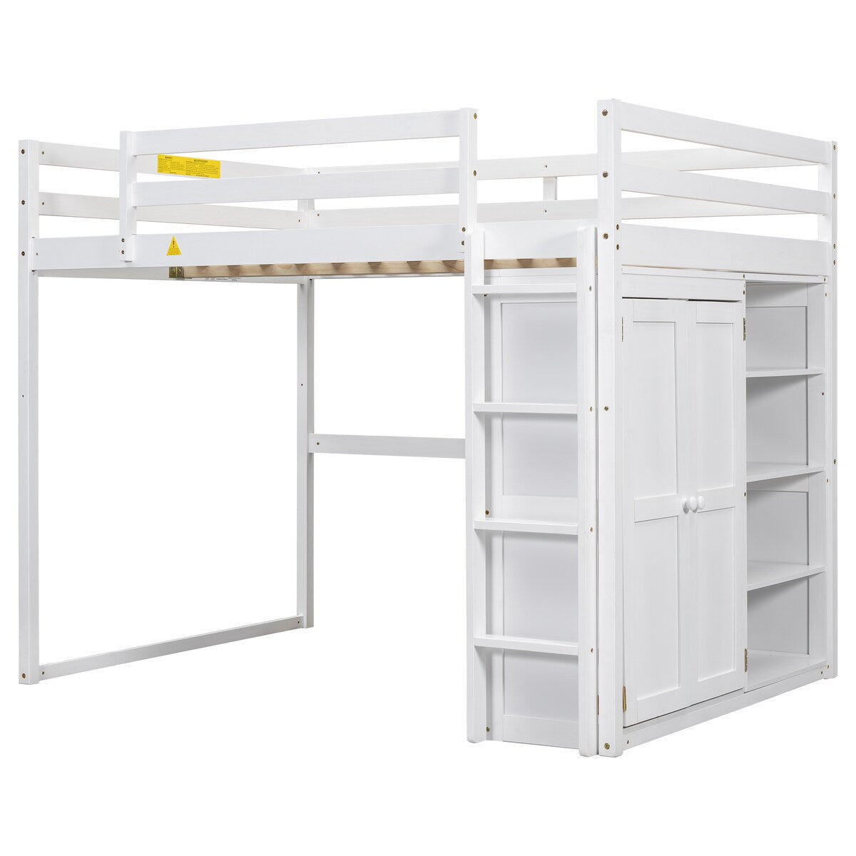 Merax Full Size Loft Bed with Built-in Wardrobe, Storage Shelves and LED light