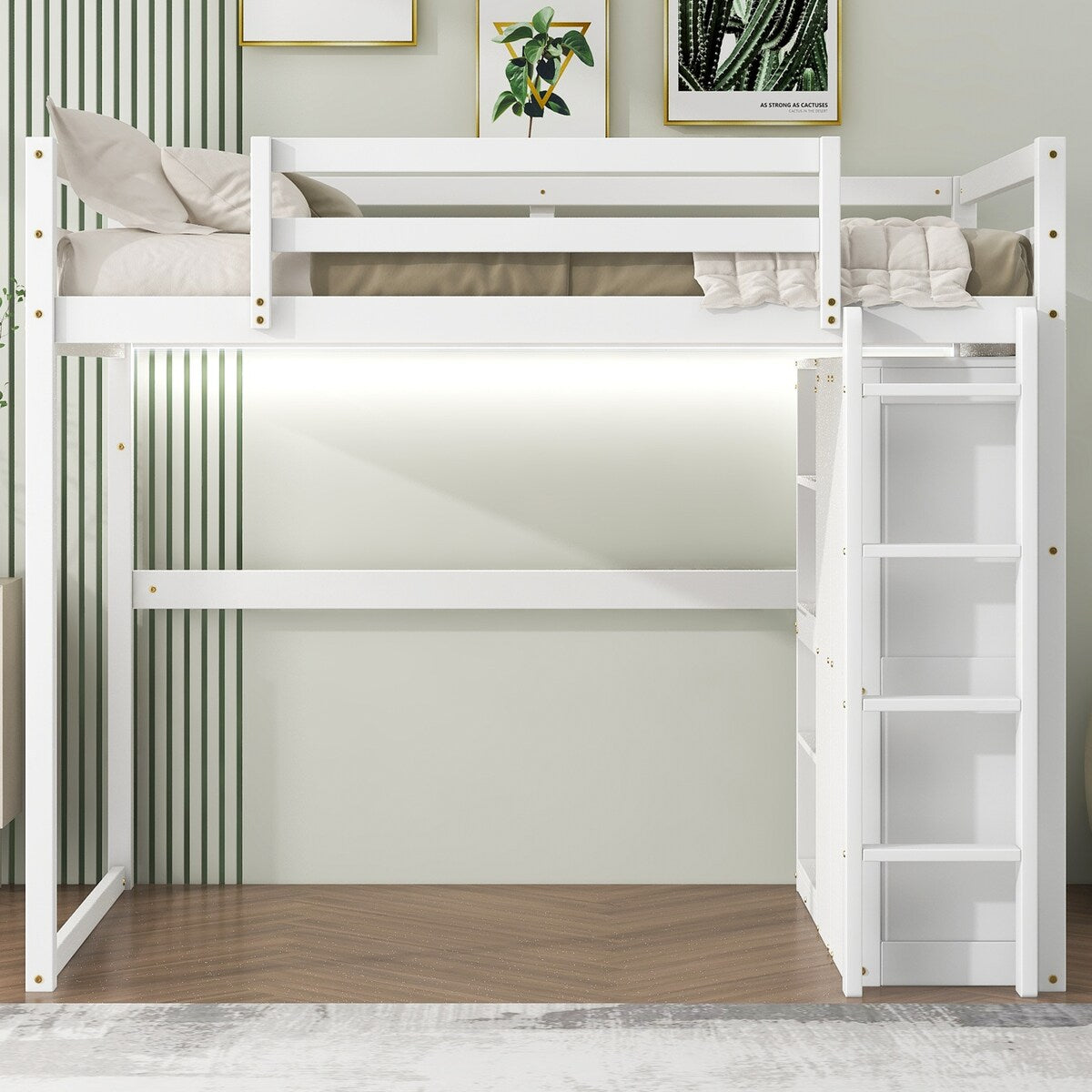 Merax Full Size Loft Bed with Built-in Wardrobe, Storage Shelves and LED light