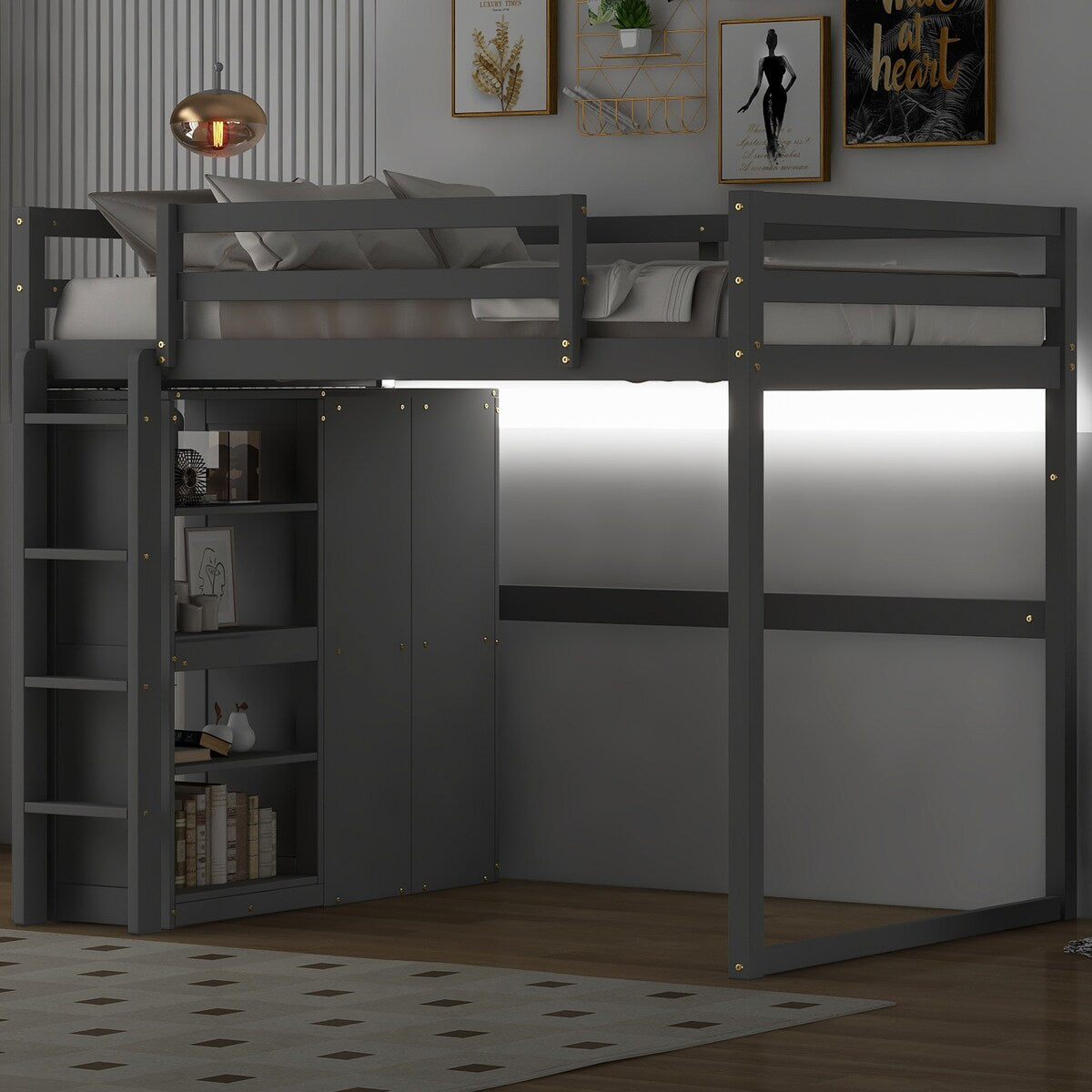 Merax Full Size Loft Bed with Built-in Wardrobe, Storage Shelves and LED light