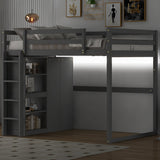 Merax Full Size Loft Bed with Built-in Wardrobe, Storage Shelves and LED light