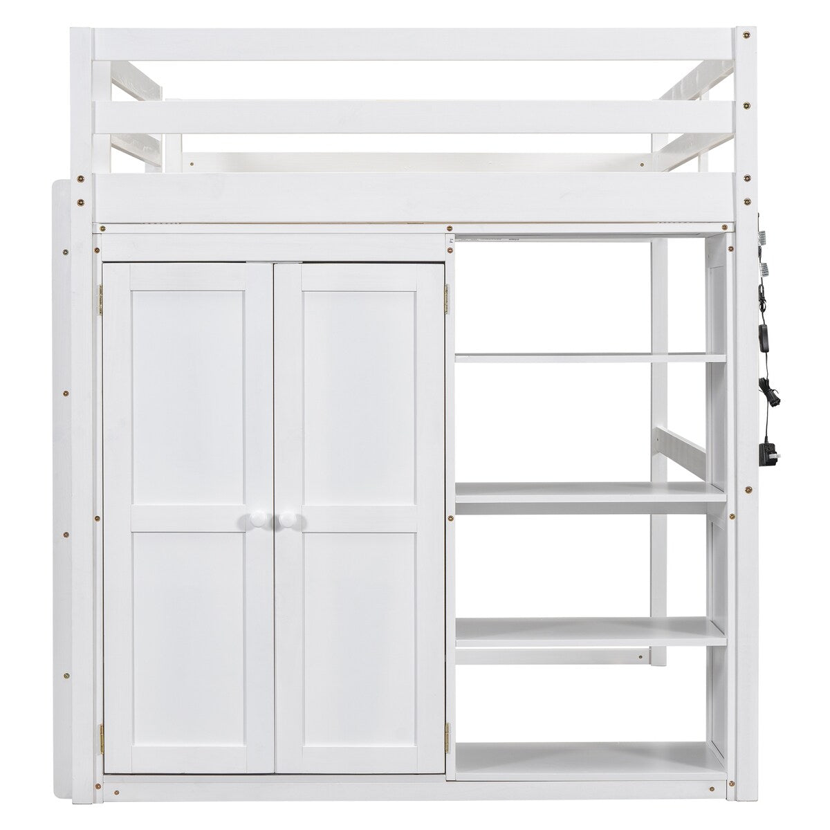 Merax Full Size Loft Bed with Built-in Wardrobe, Storage Shelves and LED light