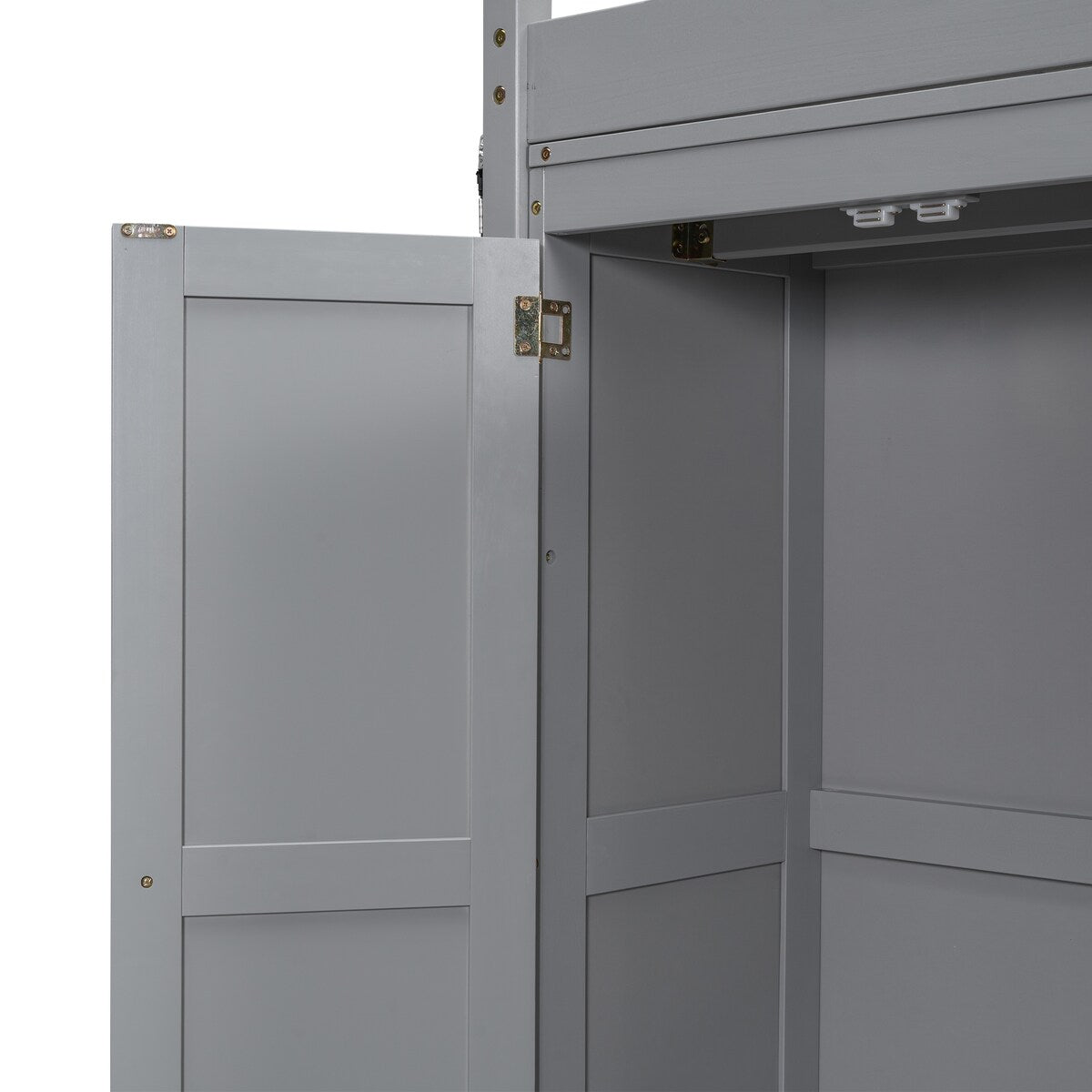 Merax Full Size Loft Bed with Built-in Wardrobe, Storage Shelves and LED light