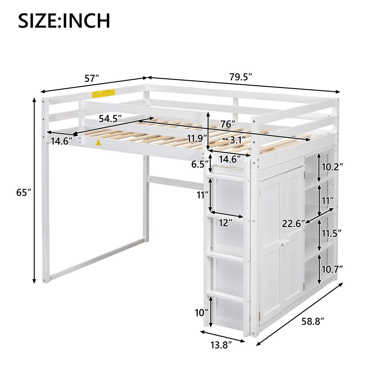 Merax Full Size Loft Bed with Built-in Wardrobe, Storage Shelves and LED light
