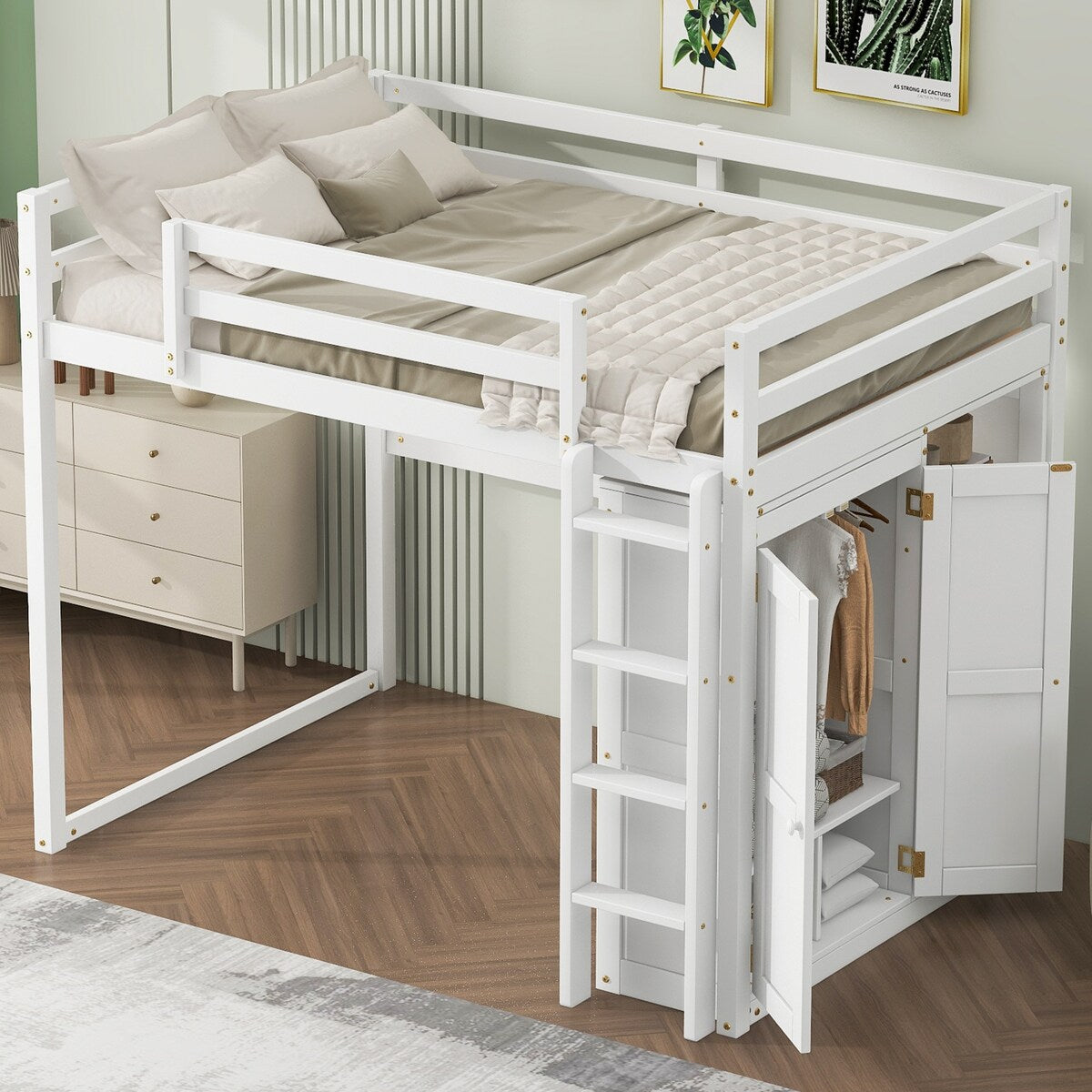 Merax Full Size Loft Bed with Built-in Wardrobe, Storage Shelves and LED light