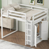 Merax Full Size Loft Bed with Built-in Wardrobe, Storage Shelves and LED light