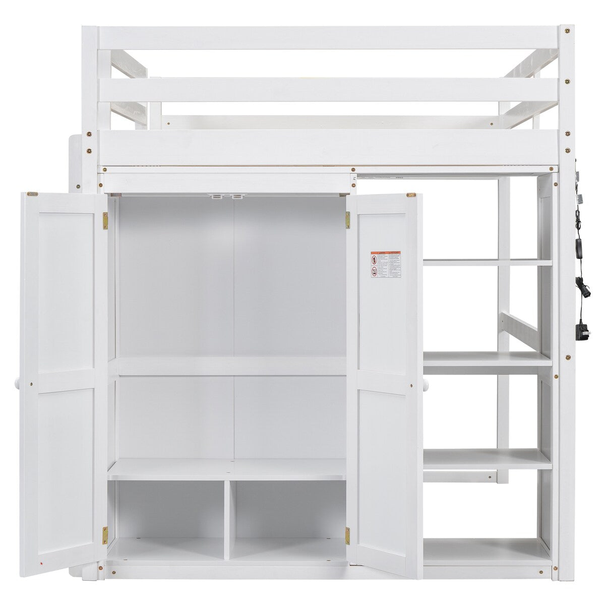 Merax Full Size Loft Bed with Built-in Wardrobe, Storage Shelves and LED light