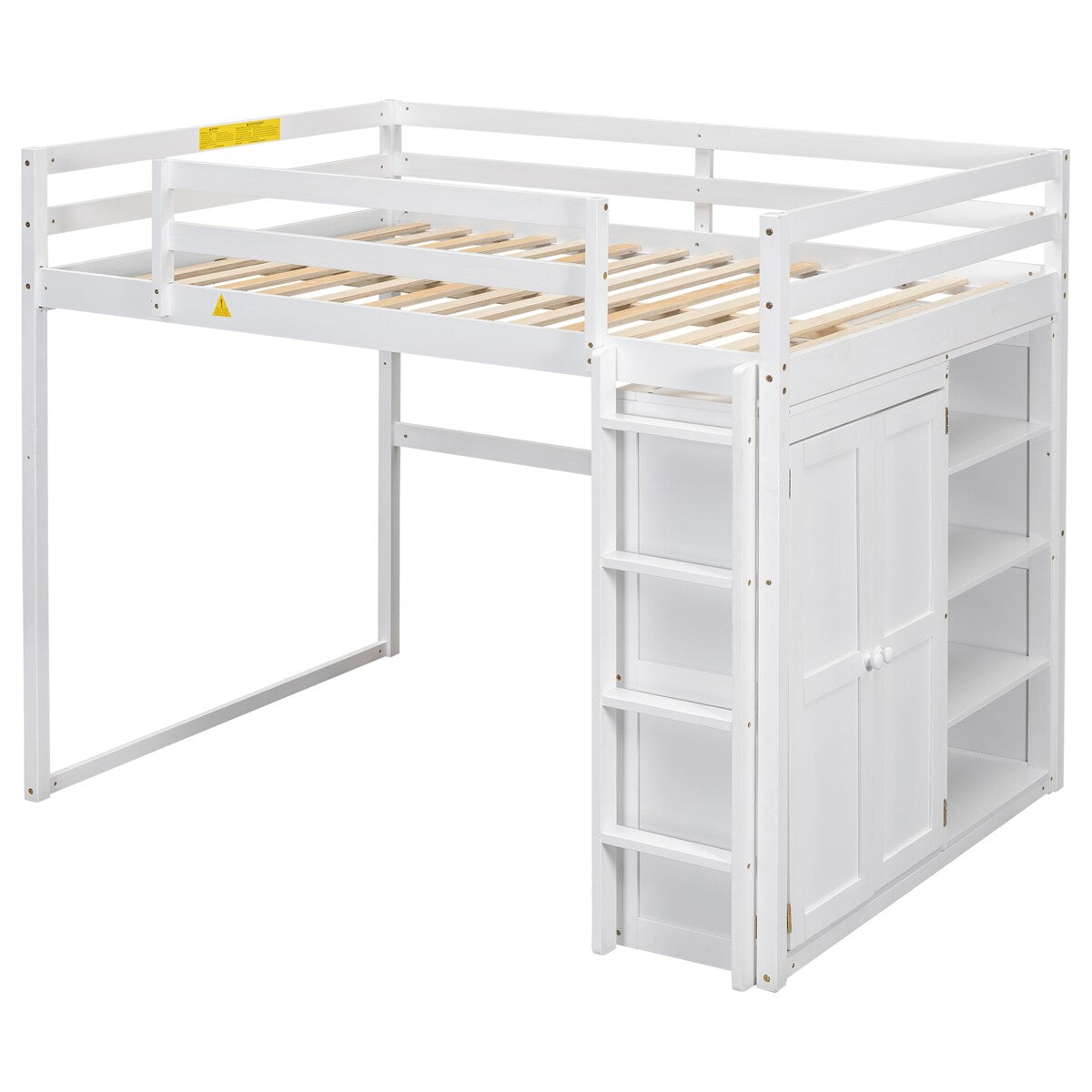Merax Full Size Loft Bed with Built-in Wardrobe, Storage Shelves and LED light