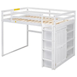 Merax Full Size Loft Bed with Built-in Wardrobe, Storage Shelves and LED light