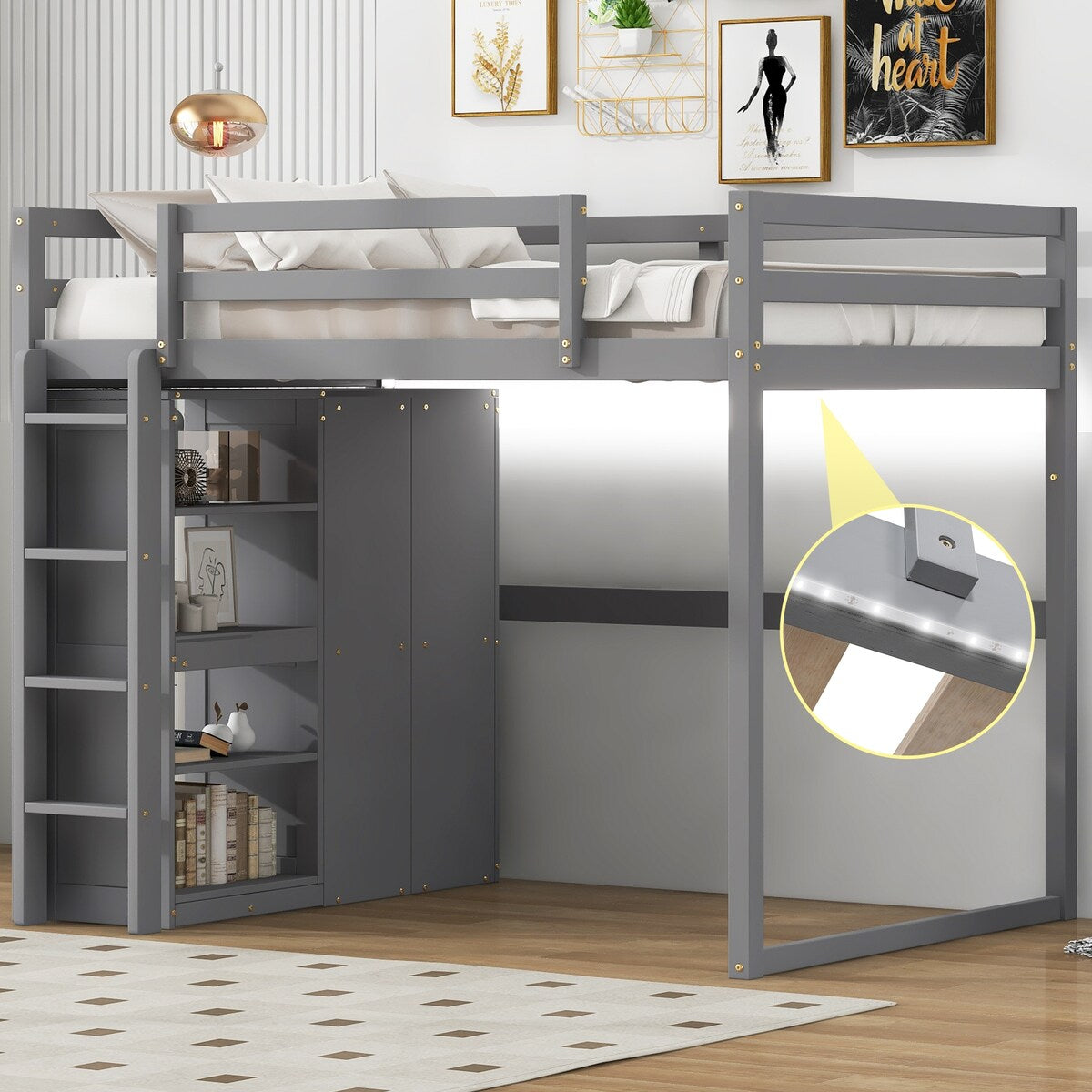 Merax Full Size Loft Bed with Built-in Wardrobe, Storage Shelves and LED light