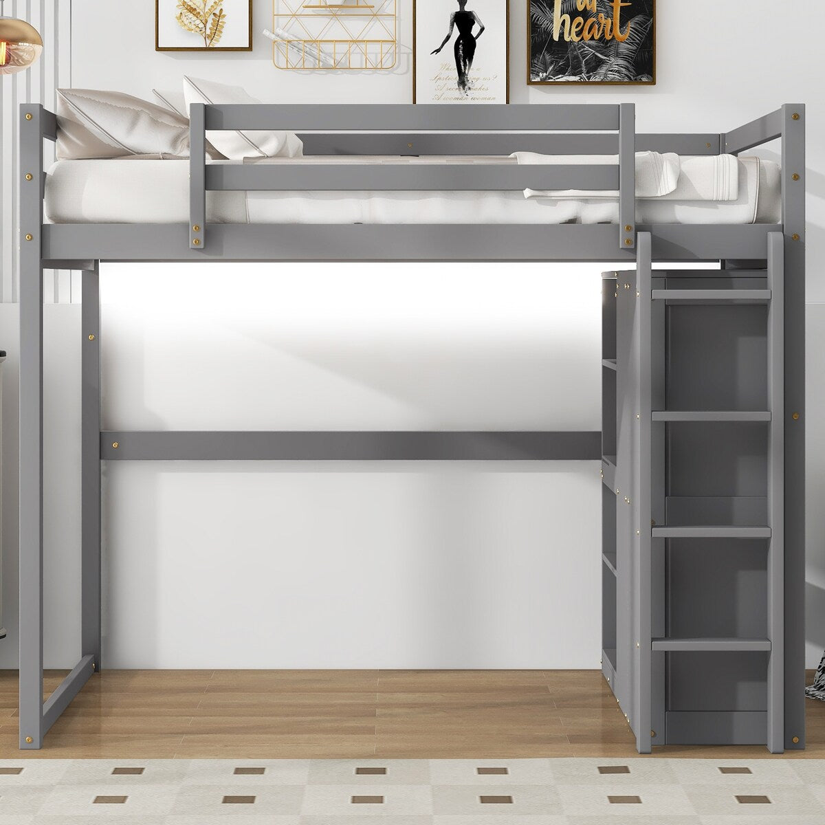 Merax Full Size Loft Bed with Built-in Wardrobe, Storage Shelves and LED light