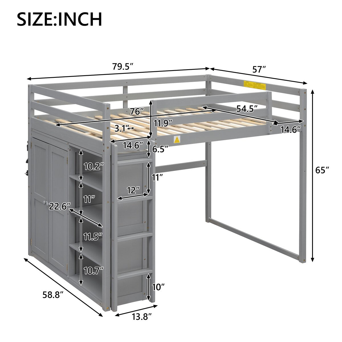 Merax Full Size Loft Bed with Built-in Wardrobe, Storage Shelves and LED light