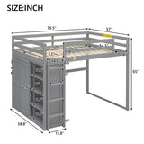 Merax Full Size Loft Bed with Built-in Wardrobe, Storage Shelves and LED light
