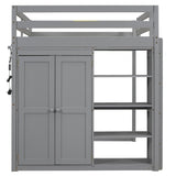 Merax Full Size Loft Bed with Built-in Wardrobe, Storage Shelves and LED light