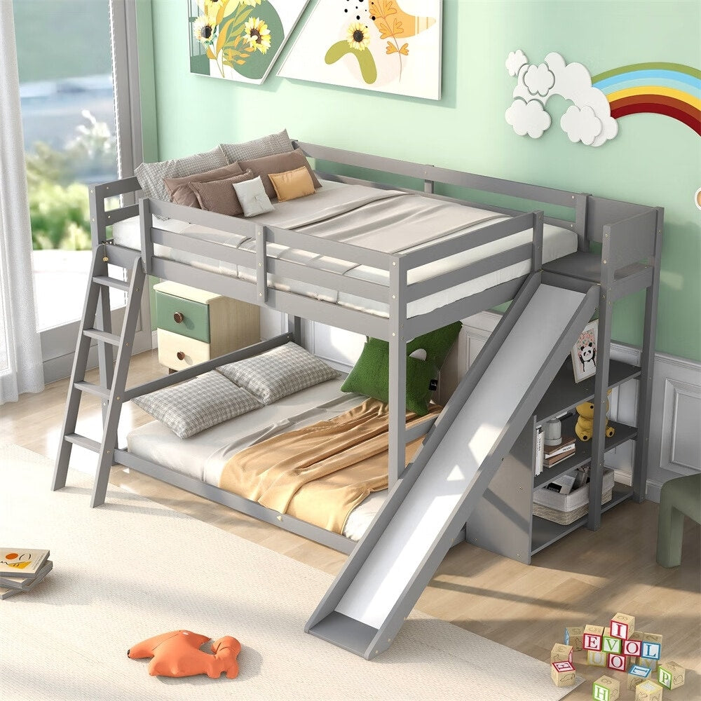 Merax Full over Full Bunk Bed with Ladder, Slide and Shelves