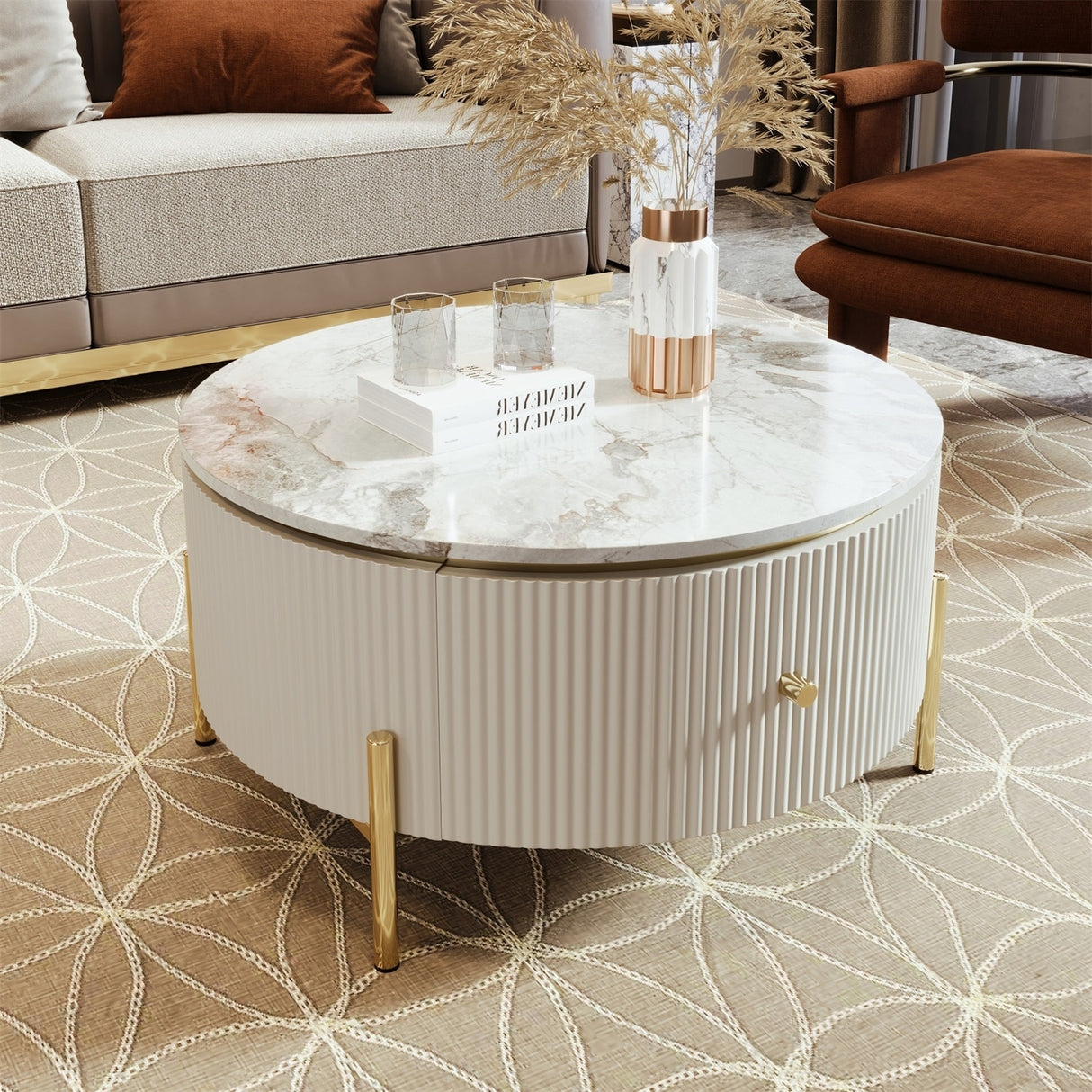 Merax Modern Round Coffee Table with 2 large Drawers