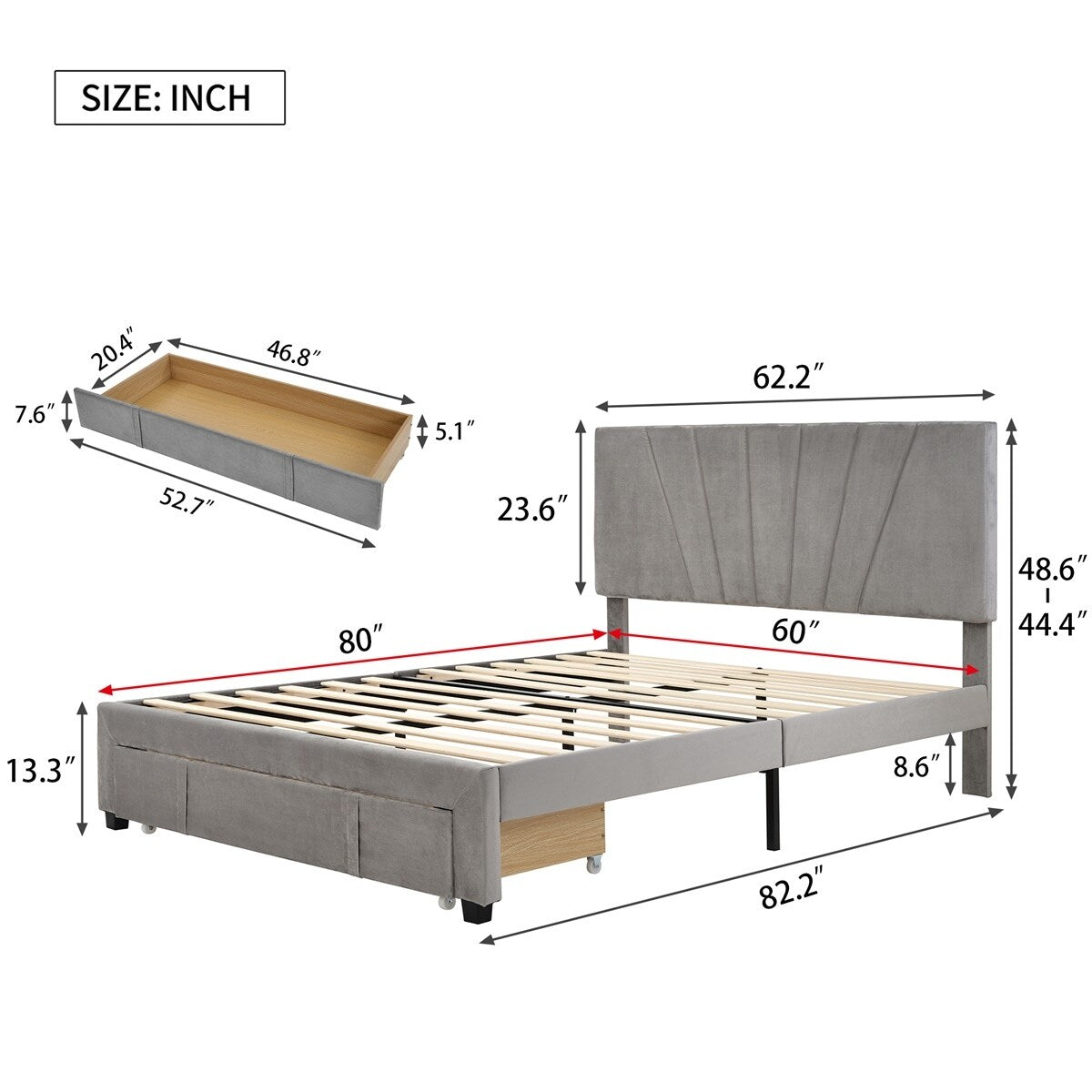 Merax Queen Velvet Upholstered Platform Bed Storage Bed with a Big Drawer