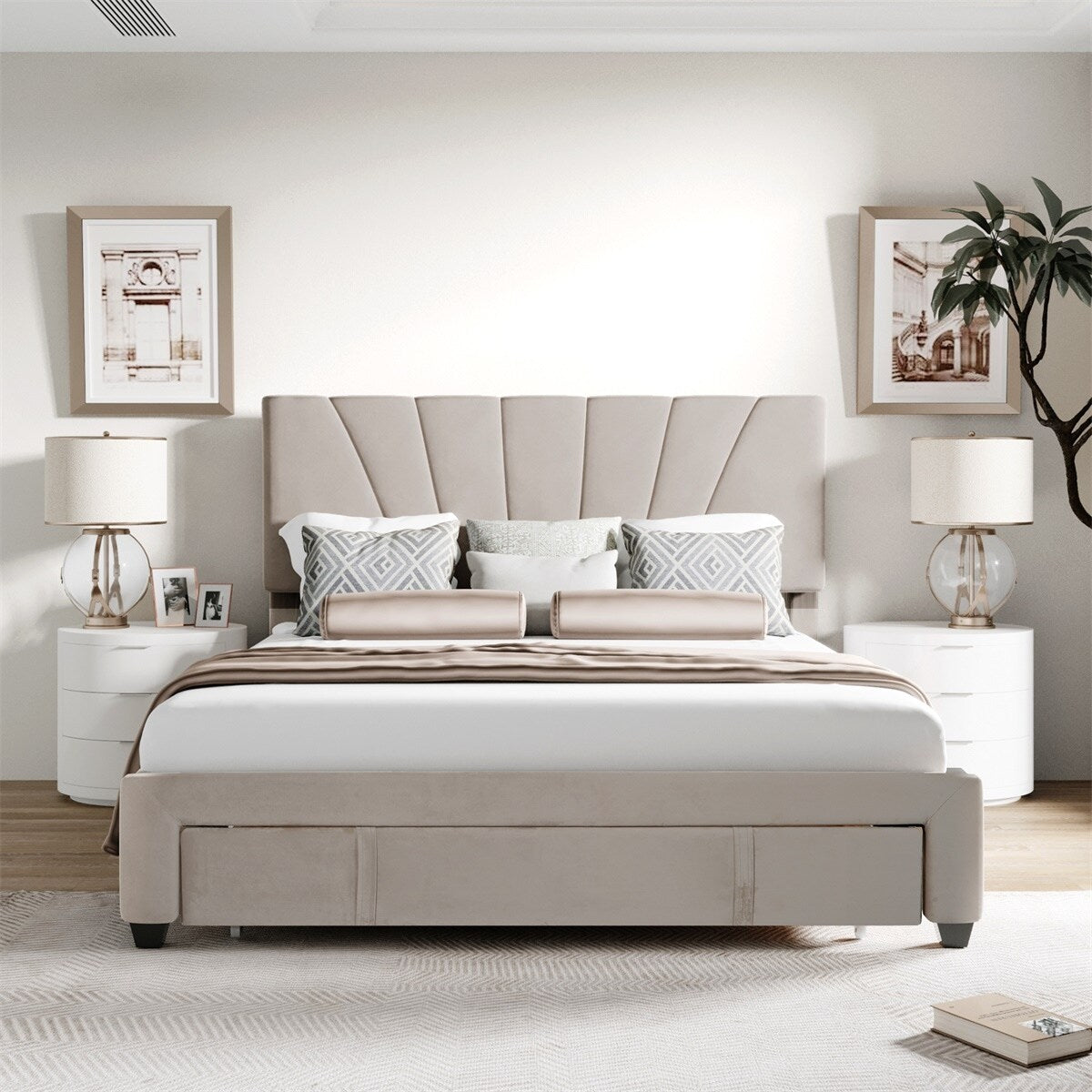 Merax Queen Velvet Upholstered Platform Bed Storage Bed with a Big Drawer