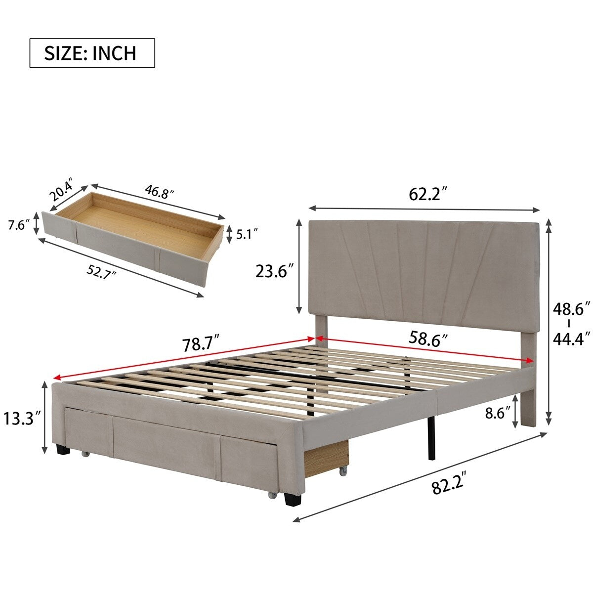 Merax Queen Velvet Upholstered Platform Bed Storage Bed with a Big Drawer