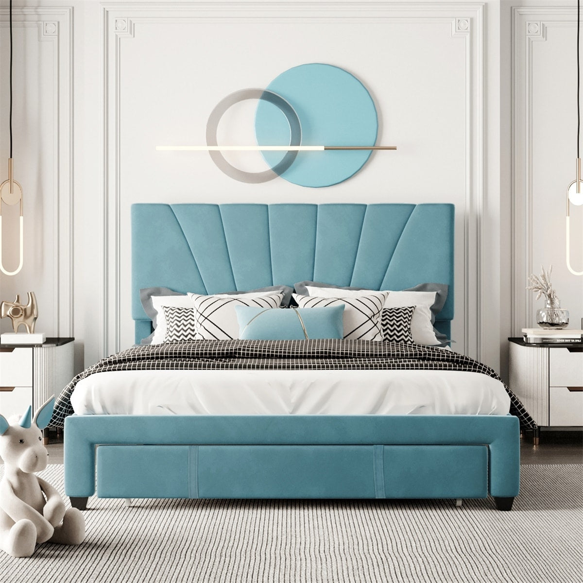 Merax Queen Velvet Upholstered Platform Bed Storage Bed with a Big Drawer