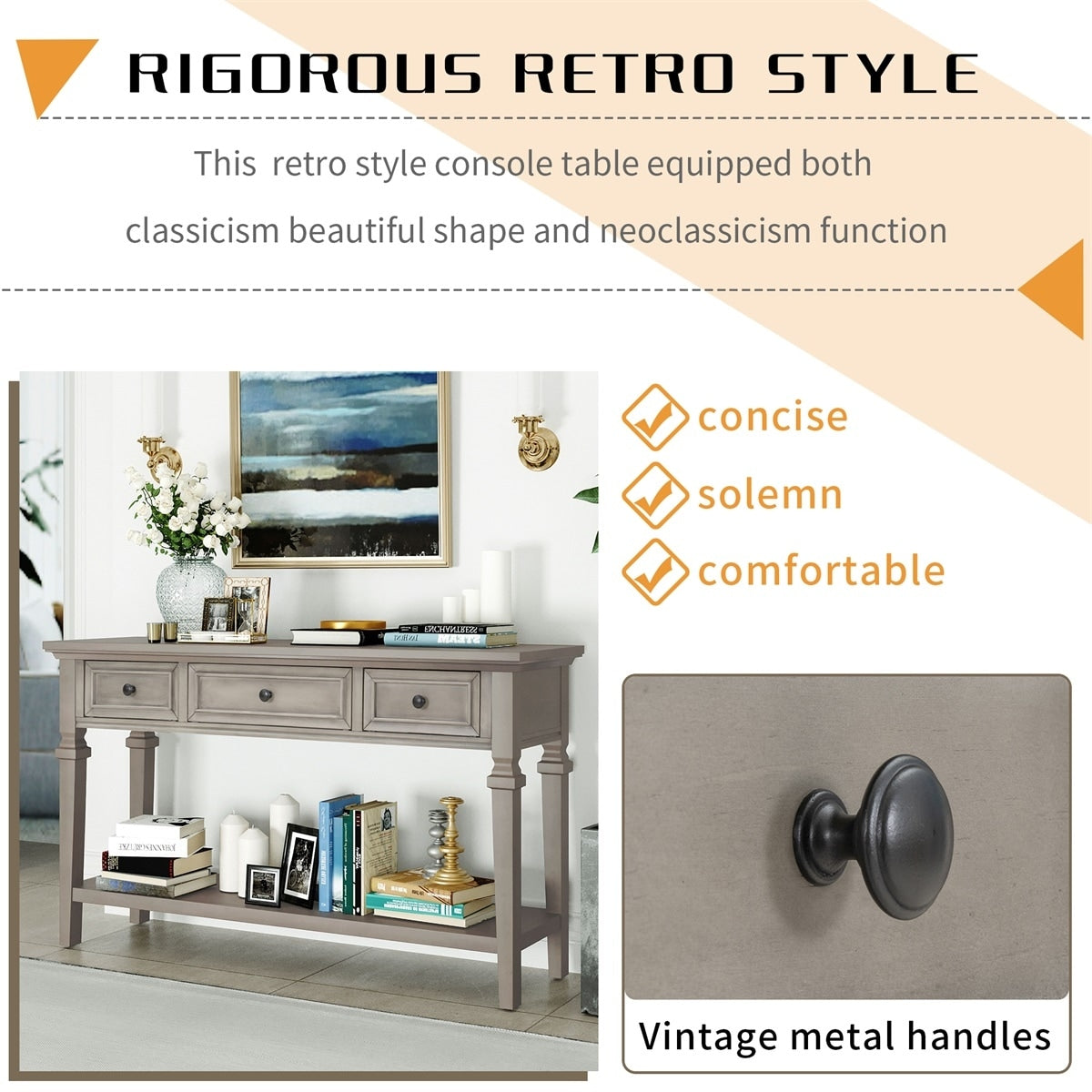 Merax Retro Style Console Table with Three Top Drawers and Bottom Shelf