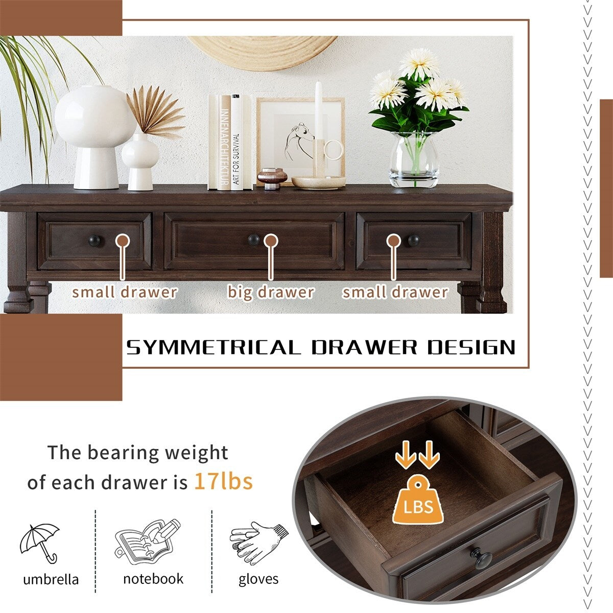 Merax Retro Style Console Table with Three Top Drawers and Bottom Shelf
