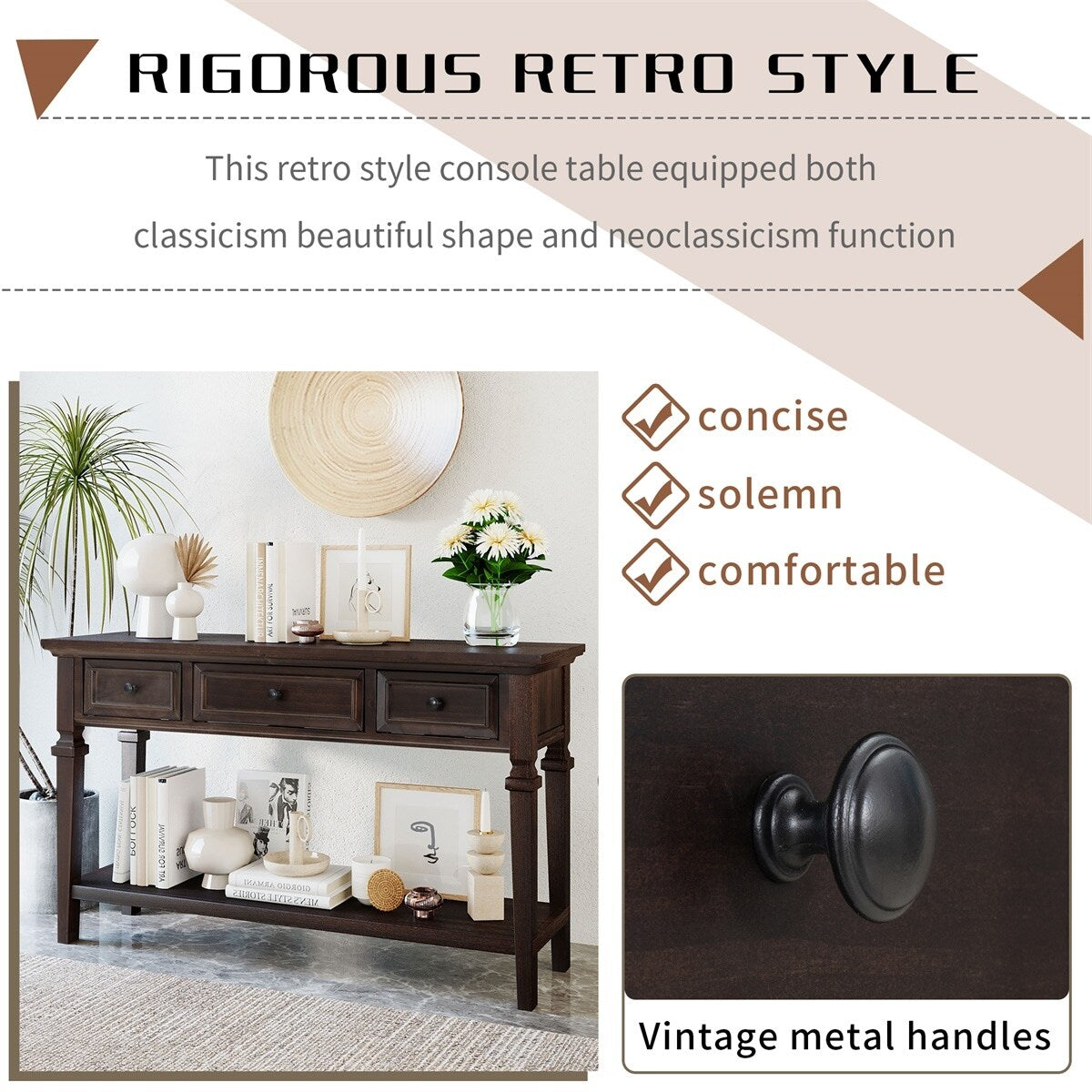 Merax Retro Style Console Table with Three Top Drawers and Bottom Shelf