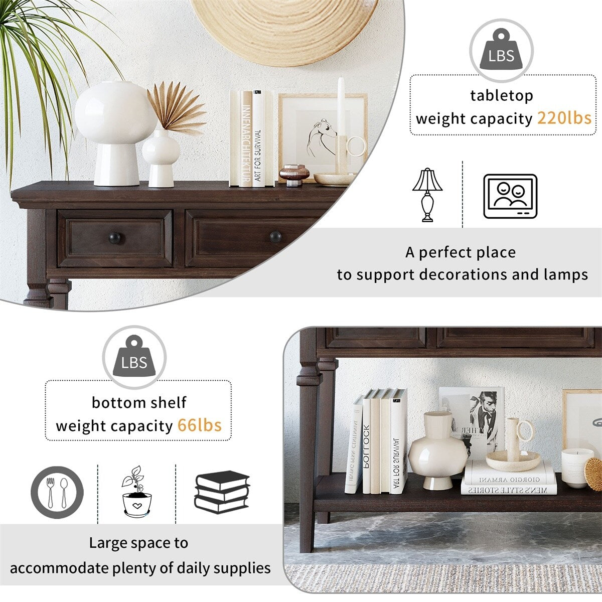 Merax Retro Style Console Table with Three Top Drawers and Bottom Shelf
