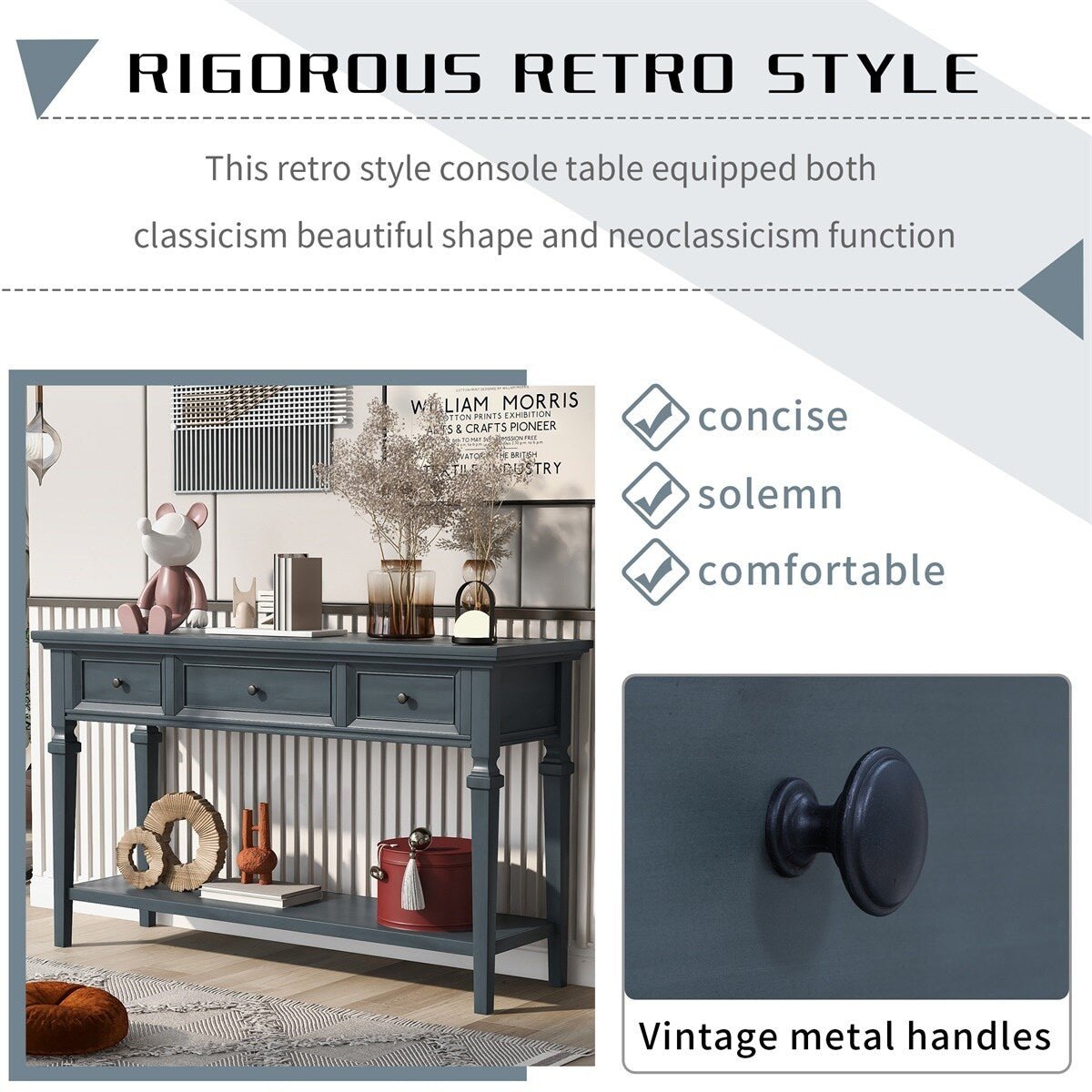 Merax Retro Style Console Table with Three Top Drawers and Bottom Shelf
