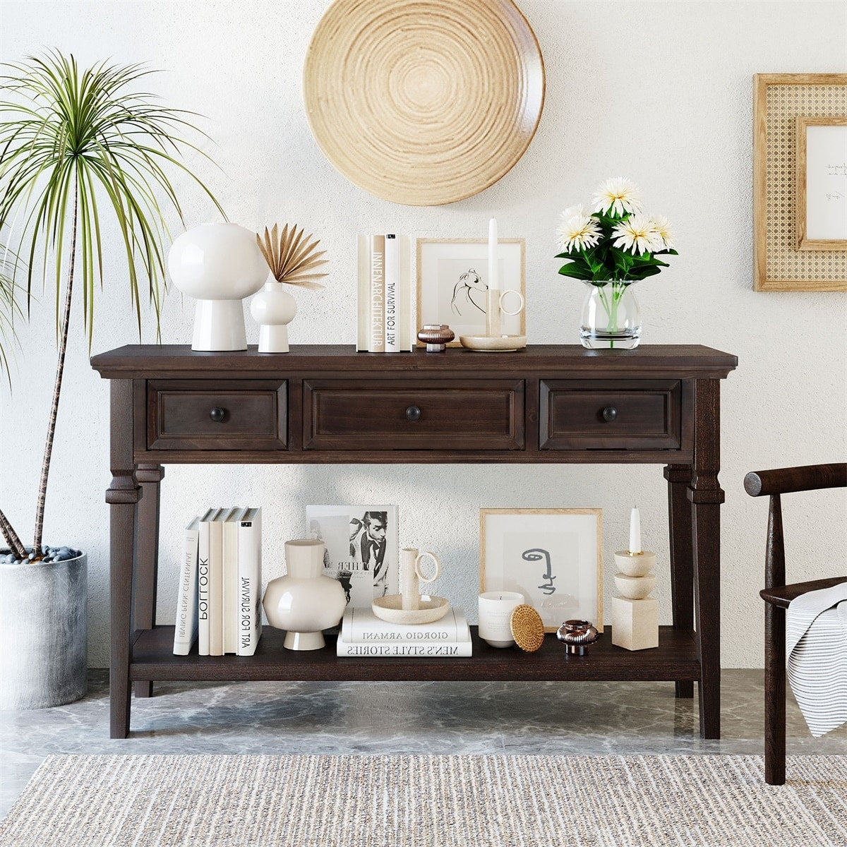 Merax Retro Style Console Table with Three Top Drawers and Bottom Shelf