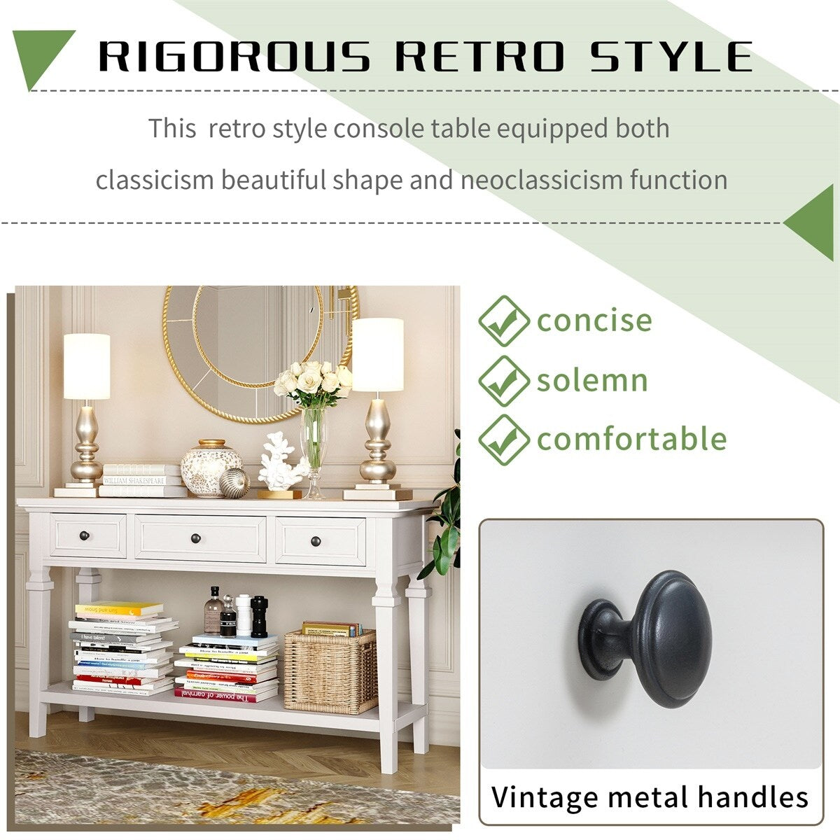 Merax Retro Style Console Table with Three Top Drawers and Bottom Shelf