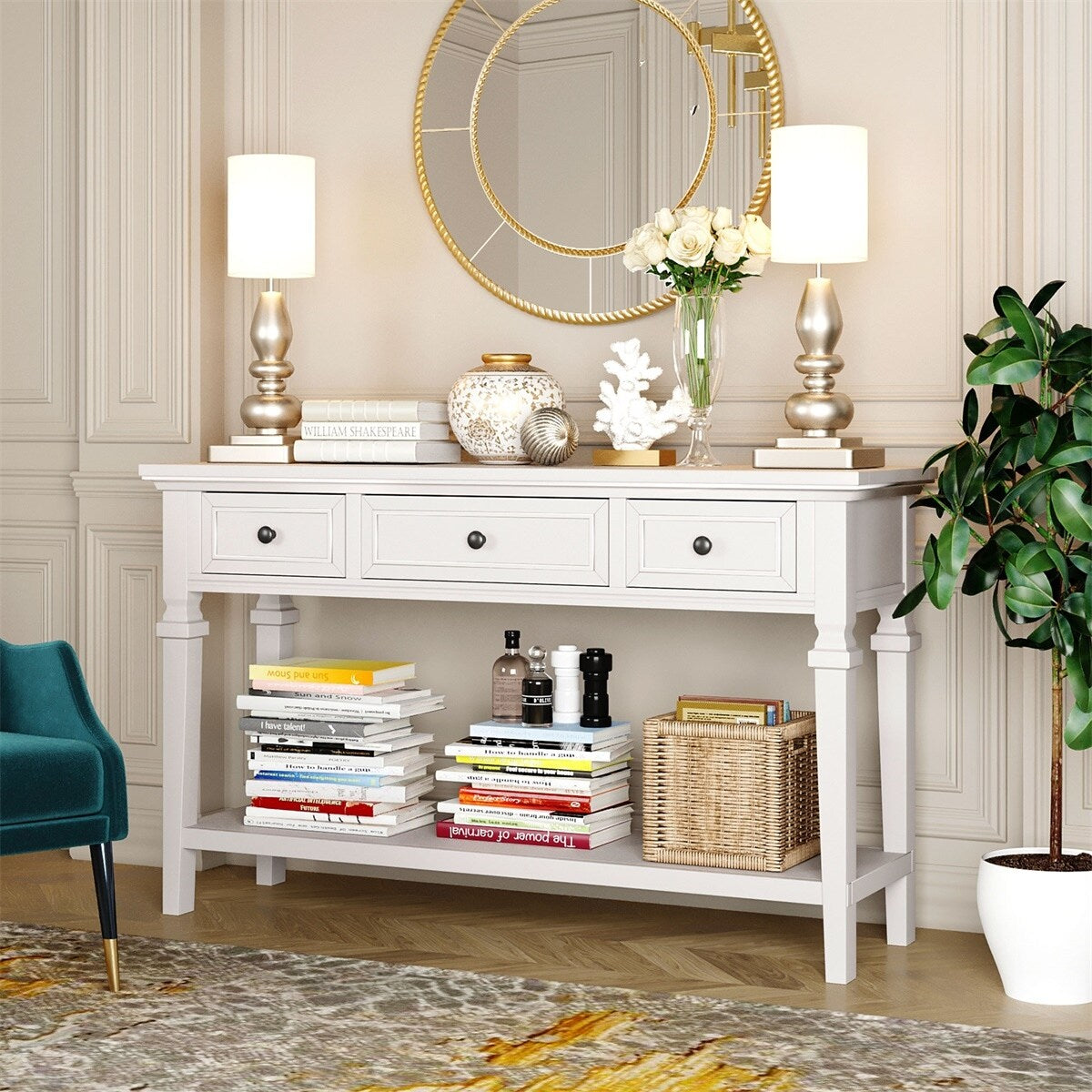 Merax Retro Style Console Table with Three Top Drawers and Bottom Shelf