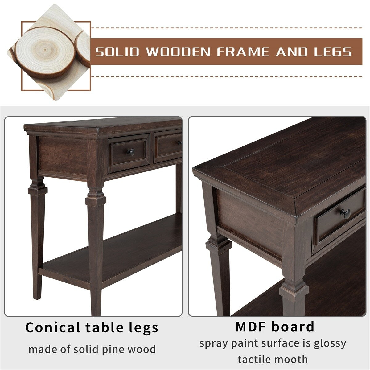 Merax Retro Style Console Table with Three Top Drawers and Bottom Shelf