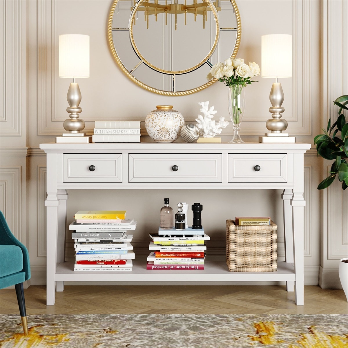 Merax Retro Style Console Table with Three Top Drawers and Bottom Shelf