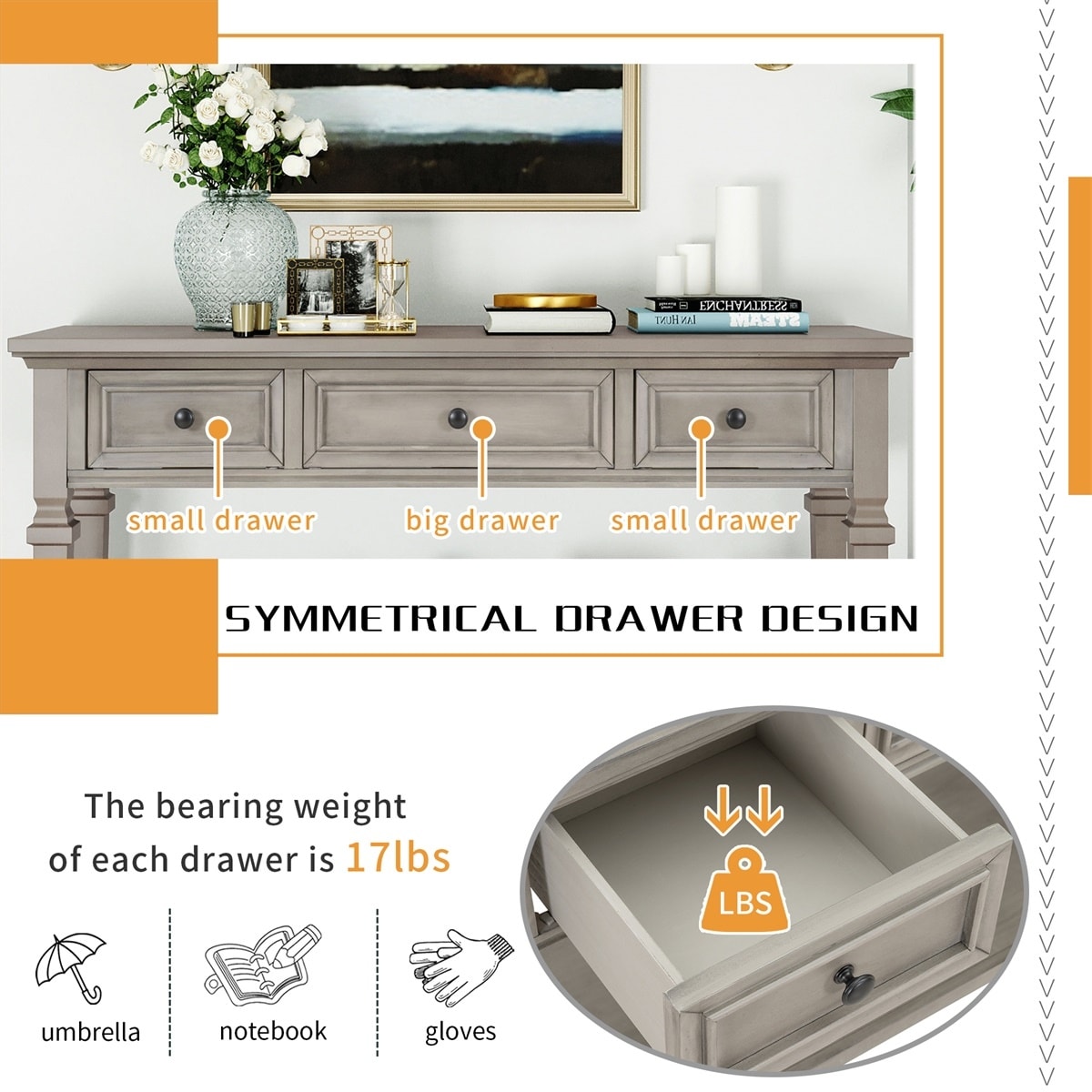 Merax Retro Style Console Table with Three Top Drawers and Bottom Shelf