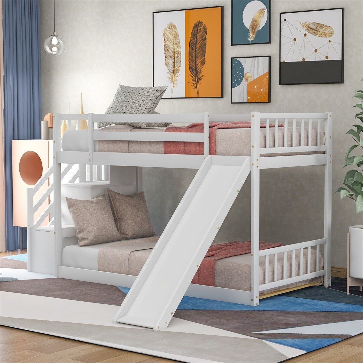 Merax Twin Over Twin Bunk Bed with Convertible Slide and Stairway