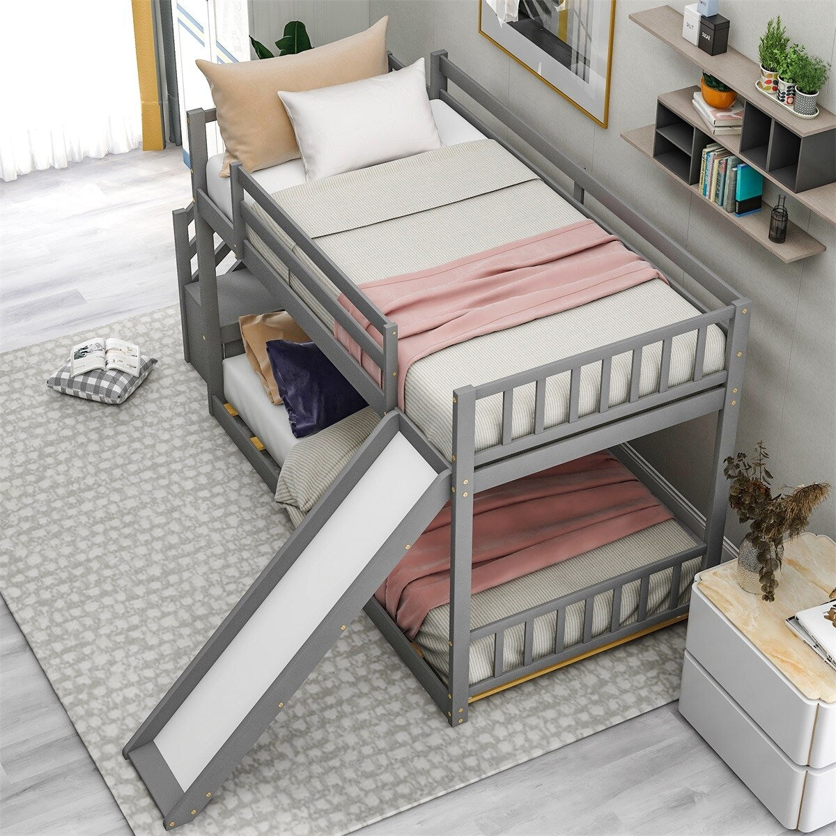 Merax Twin Over Twin Bunk Bed with Convertible Slide and Stairway