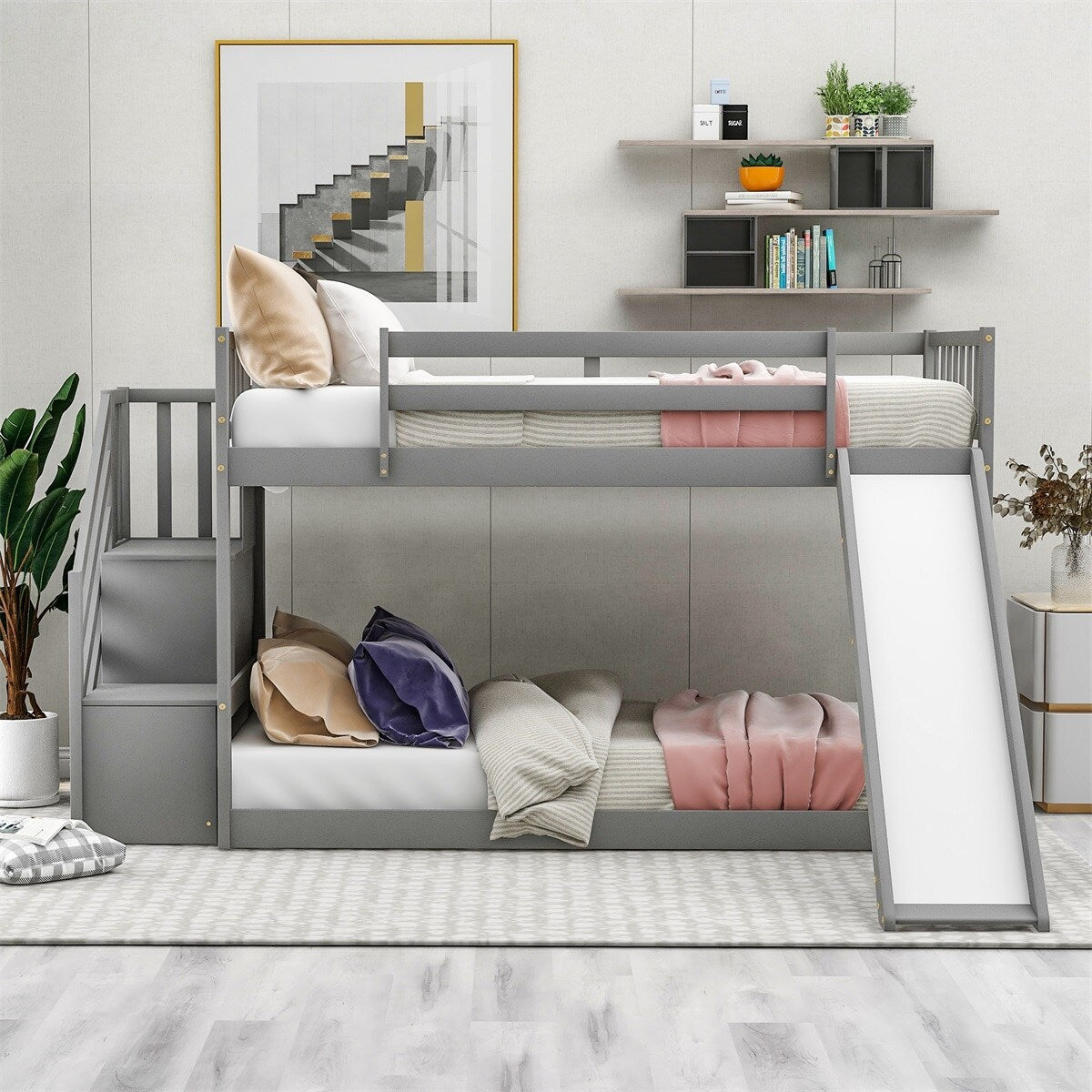Merax Twin Over Twin Bunk Bed with Convertible Slide and Stairway