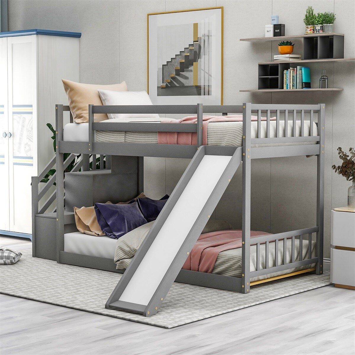 Merax Twin Over Twin Bunk Bed with Convertible Slide and Stairway