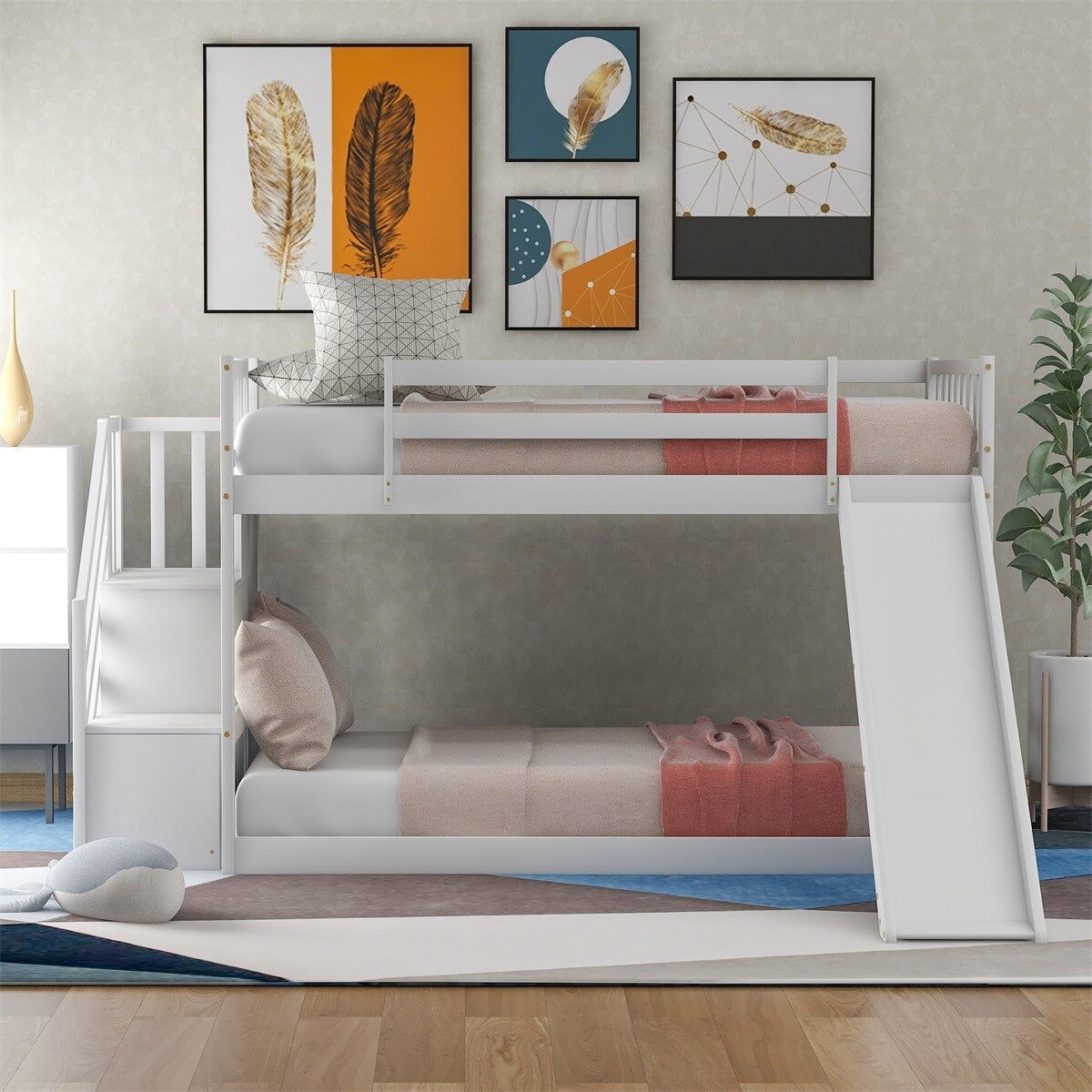 Merax Twin Over Twin Bunk Bed with Convertible Slide and Stairway