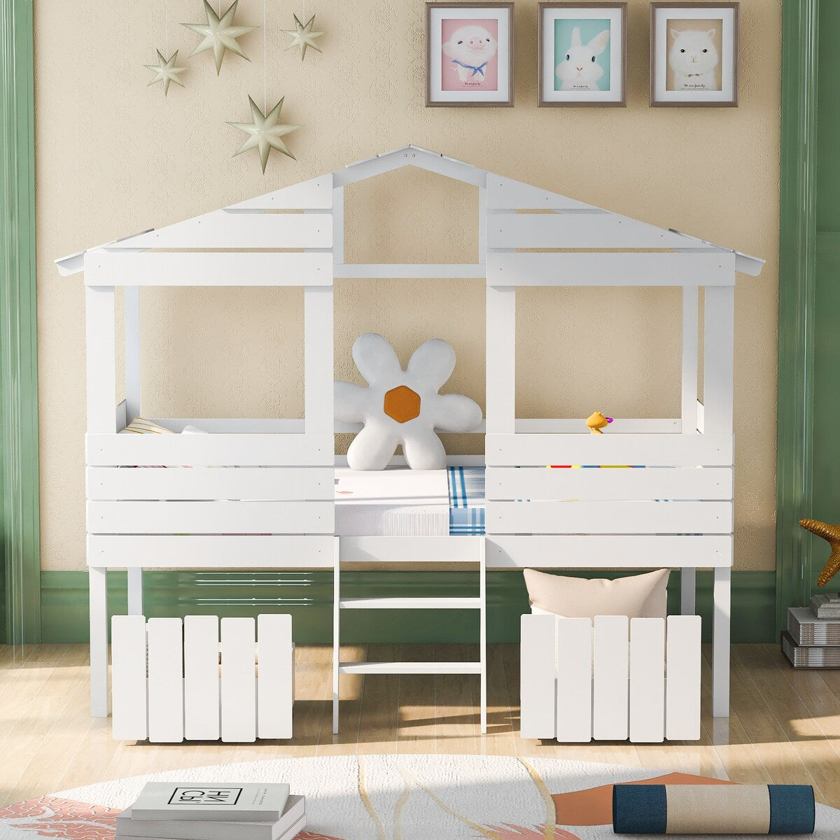 Merax Twin Size House Bed Loft Bed with Two Drawers, Windows and Roof