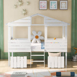 Merax Twin Size House Bed Loft Bed with Two Drawers, Windows and Roof