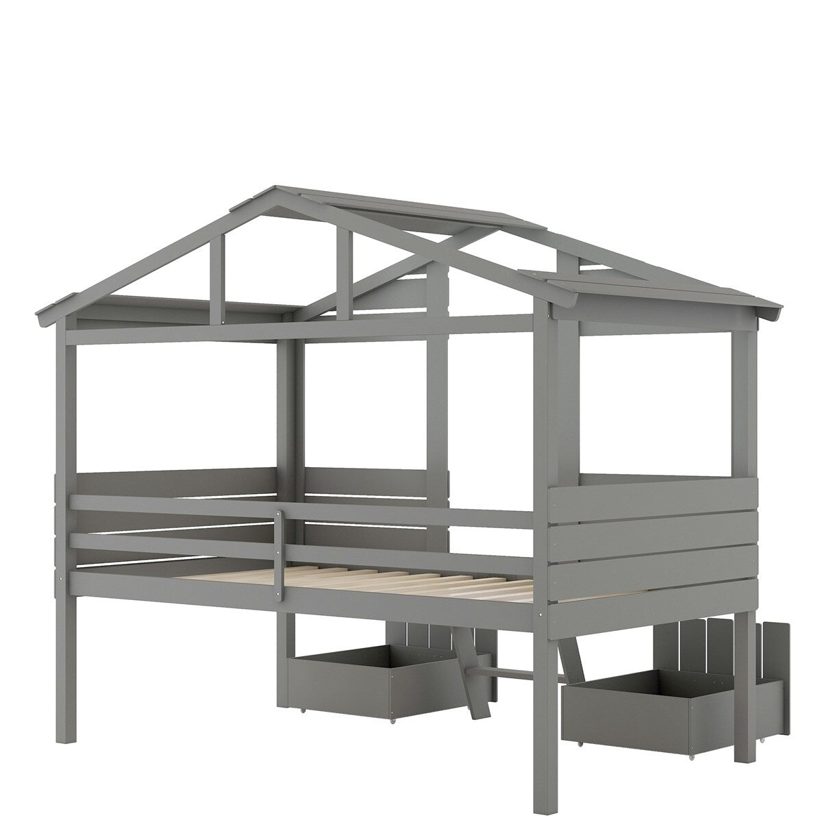 Merax Twin Size House Bed Loft Bed with Two Drawers, Windows and Roof