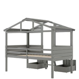 Merax Twin Size House Bed Loft Bed with Two Drawers, Windows and Roof