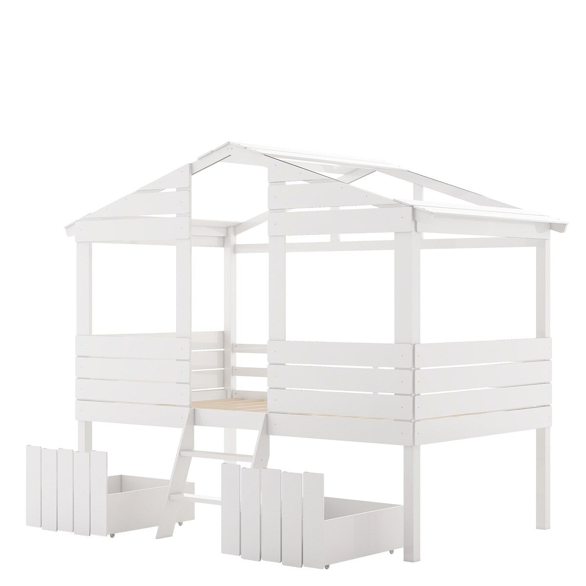 Merax Twin Size House Bed Loft Bed with Two Drawers, Windows and Roof
